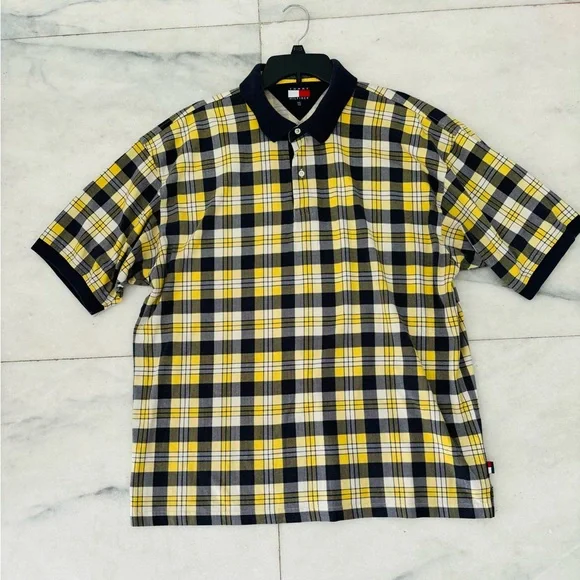90s VTG Tommy Hilfiger Polo Shirt Yellow Blue Plaid Cotton Men XXL Preppy Grunge - Picture 4 of 9